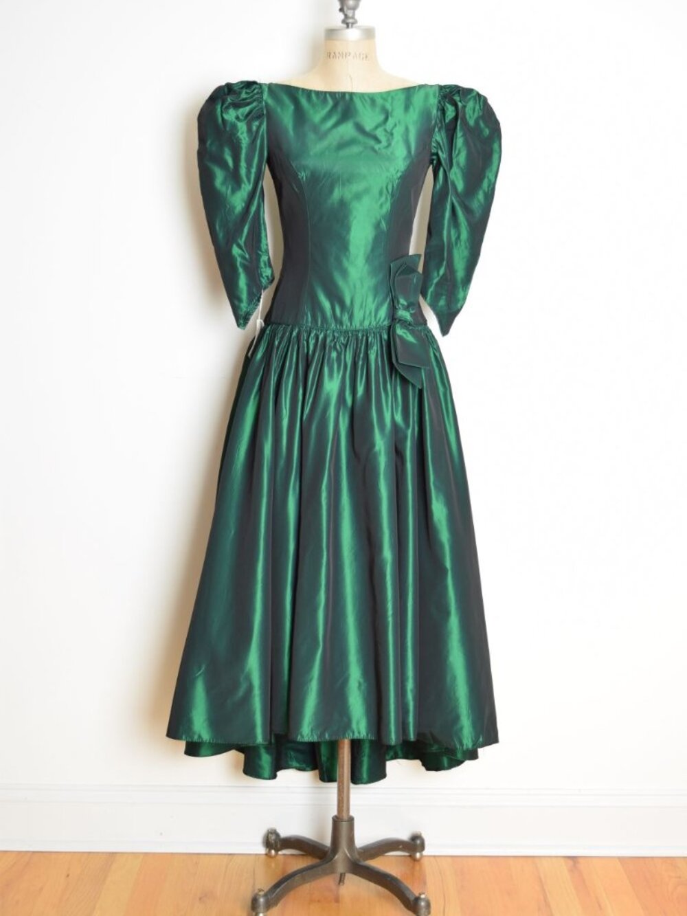 vintage 80s prom dress dark green iridescent swishy taffeta puff party midi S